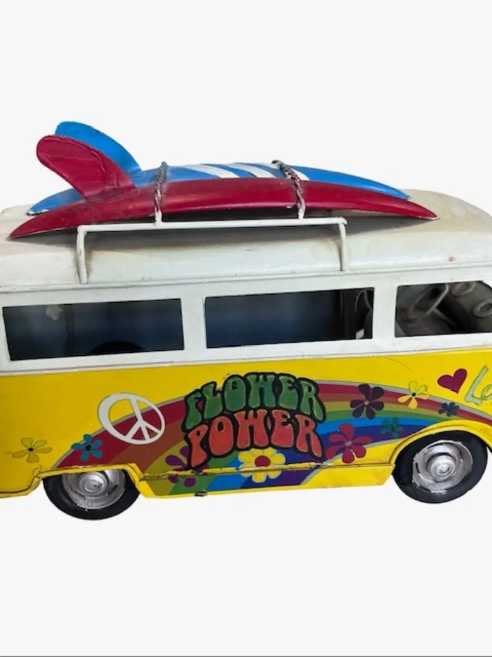 Yellow Tin Vintage Flower Power Hippie Surfer Van Metal VW Camper Decor